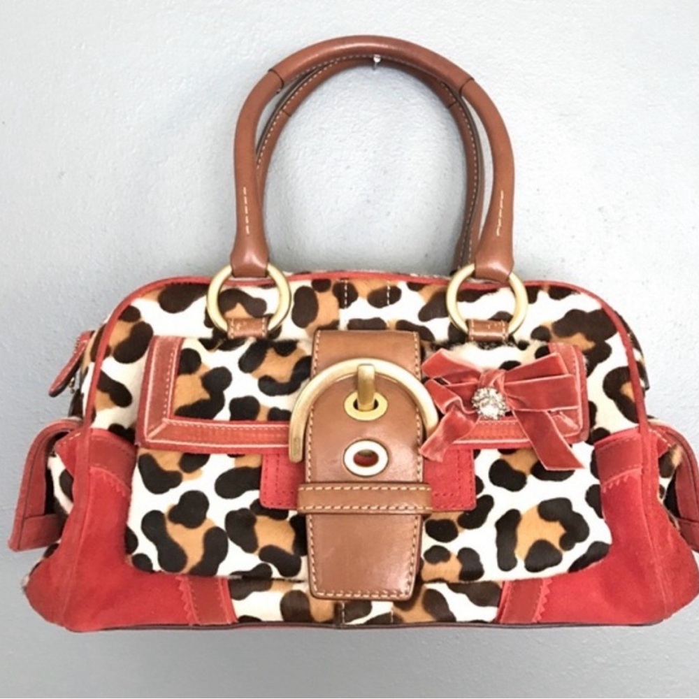 Coach Ocelot Leopard Print Satchel with Brown and Red Accents